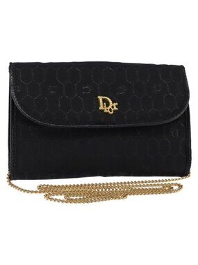 Authentic Christian Dior Honeycomb Canvas Chain Shoulder Bag Black Gold